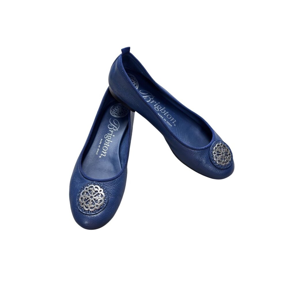 Brighton Aleta Navy Blue Italian Leather Ballet Flats With Ornate Medallion Deta